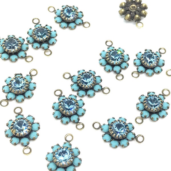 Turquoise & Aquamarine crystal flower daisy setting connector - antique brass (6)