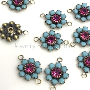 Turquoise & Fuchsia crystal flower daisy setting connector - antique brass (6)