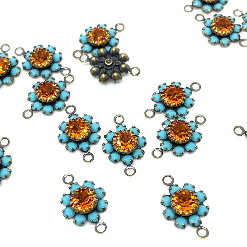 Turquoise & Sun crystal flower daisy setting connector antique brass 6 image 1