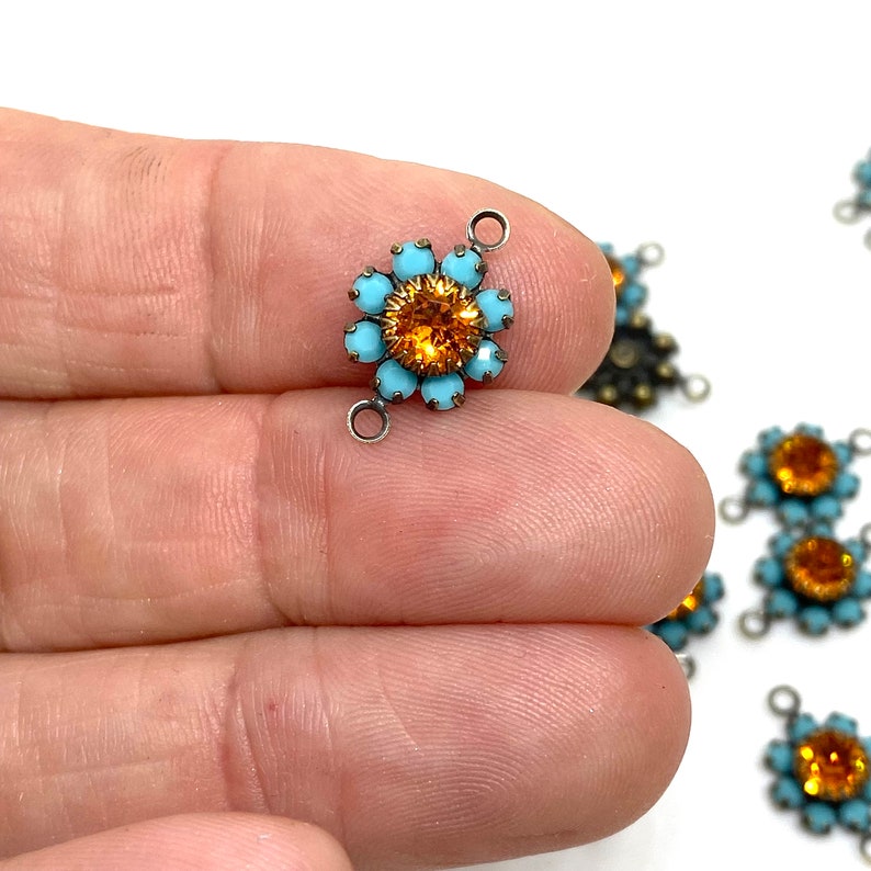 Turquoise & Sun crystal flower daisy setting connector antique brass 6 image 3