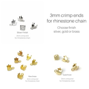 May include: Close-up of 3mm crimp ends for rhinestone chain in silver, gold, and raw brass finishes. The crimp ends are small metal pieces used to secure the ends of a chain.
