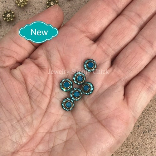 Aqua Bohemica & Caribbean Blue Opal Rondelle 8 mm Kristallfassung - Altmessing (6)