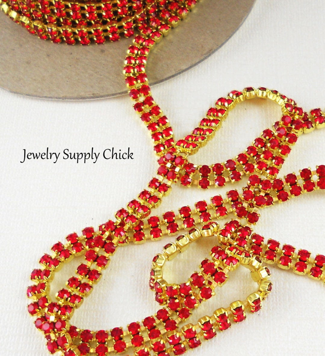 Double Row Rhinestone Chain Lt. Siam Double Row Rhinestone Chain Raw Brass - Etsy