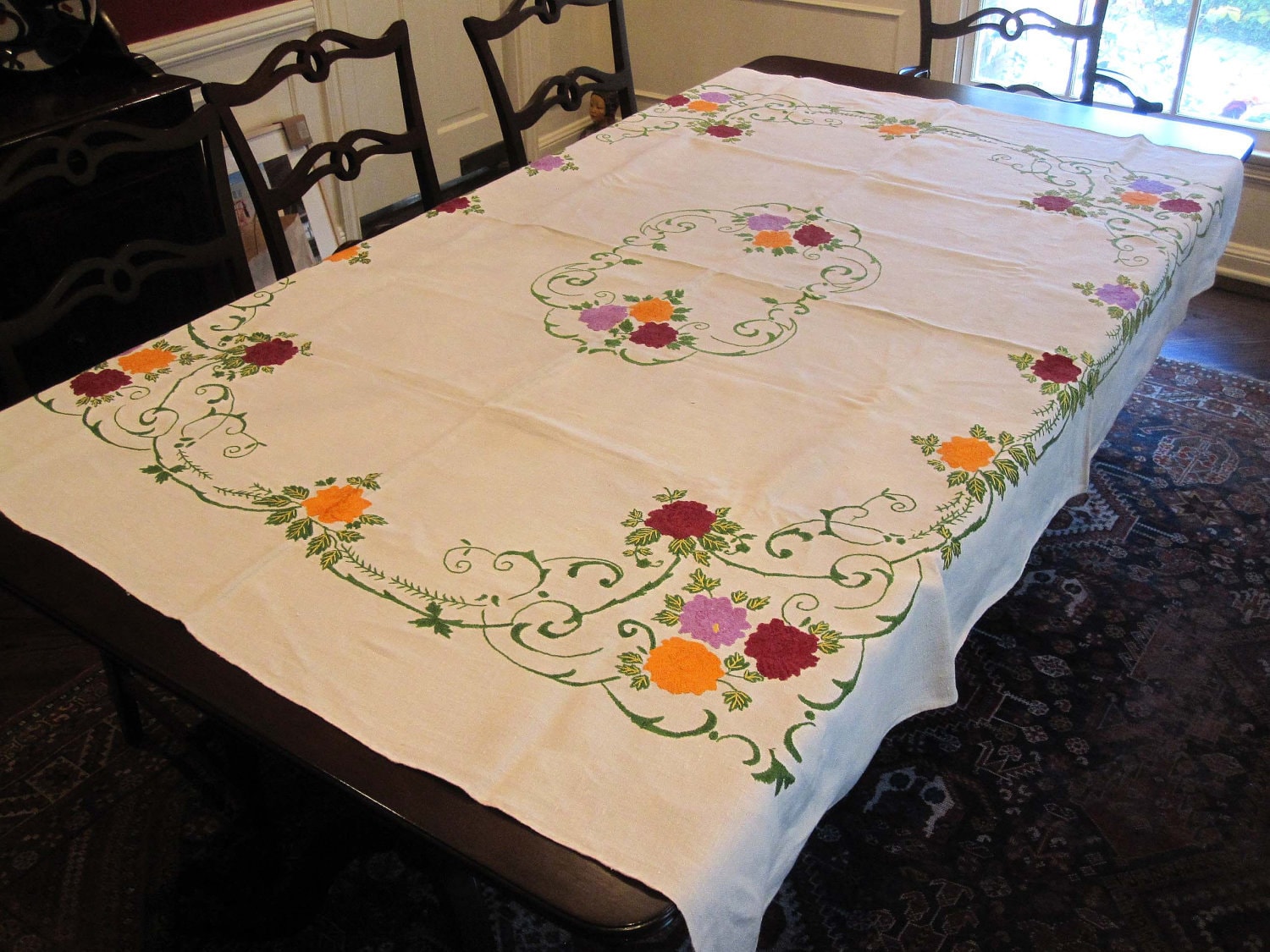 Vintage Hand Embroidered Tablecloth Purple Maroon and Gold Etsy