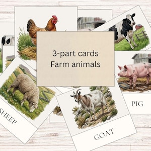 Montessori-boerderijdieren 3-delige kaarten afdrukbare pdf, voorschoolse thuisschoolactiviteit, flashcards lezen, leeftijden 2-5