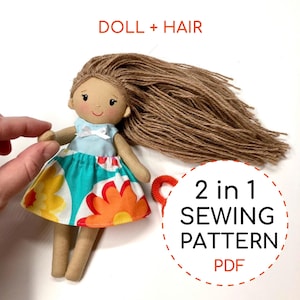 Puede incluir: Una muñeca hecha a mano con pelo largo castaño y un vestido colorido. La muñeca tiene una parte superior azul claro y una falda con un estampado floral en naranja, amarillo y turquesa. El texto "DOLL + HAIR" y "2 in 1 SEWING PATTERN PDF" está incluido.