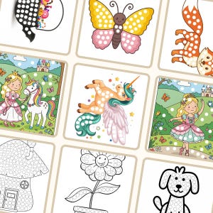 Op de afbeelding: Een verzameling kleurrijke punt-naar-punt-activiteitenpagina's met verschillende illustraties. De afbeeldingen omvatten een vlinder, een vos, een prinses met een eenhoorn, een eenhoorn, een dansende prinses, een huis, een bloem en een hond.