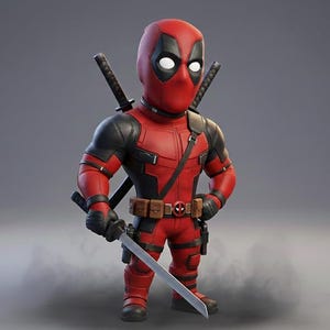 Puede incluir: Una figura estilizada de un personaje con traje rojo y negro y una máscara completa con parches oculares blancos. La figura tiene un cinturón utilitario marrón con una hebilla circular, dos espadas en la espalda y sostiene una katana plateada.