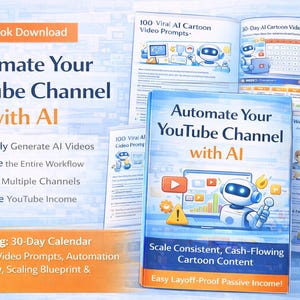 Peut inclure: Couverture d'un ebook intitulé "Automate Your YouTube Channel with AI" avec un robot de dessin animé et un écran d'ordinateur. La couverture est entourée d'autres pages sur des thèmes similaires, dont un calendrier de 30 jours et des invites vidéo. L'ebook promet de générer des vidéos IA et d'automatiser le flux de travail.