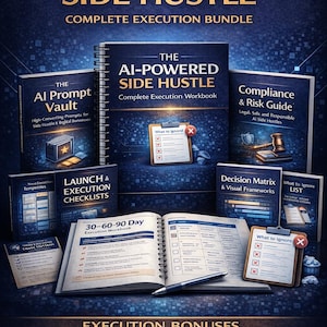 May include: A promotional image for "The AI-Powered Side Hustle" bundle. It features several books and workbooks, including "AI Prompt Vault" and "30-60-90 Day Execution Workbook." The design is dark blue with white and gold text, highlighting the bundle's focus on digital business.