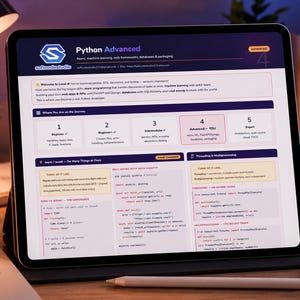 以下が含まれることがあります： デジタルタブレットには「Python Advanced」コースの概要が表示されています。画面にはロゴ、コースの詳細、学習段階の内訳が表示されています。木製の机の上にはペンとノートがあります。