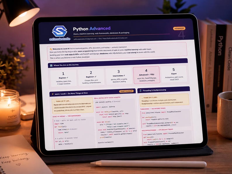以下が含まれることがあります： デジタルタブレットには「Python Advanced」コースの概要が表示されています。画面にはロゴ、コースの詳細、学習段階の内訳が表示されています。木製の机の上にはペンとノートがあります。