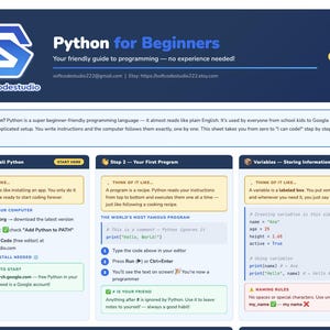 May include: A beginner's guide to Python programming, featuring a blue and white design. The guide includes instructions on installing Python, writing your first program, and storing information using variables. The text includes "Python for Beginners" and "softcodestudio".