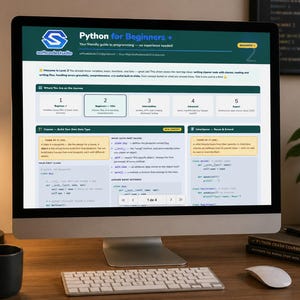 May include: A desktop computer displays a "Python for Beginners" guide. The screen shows a website with a teal and white header, and detailed information about programming concepts. A keyboard, mouse, and coffee mug are on the wooden desk.