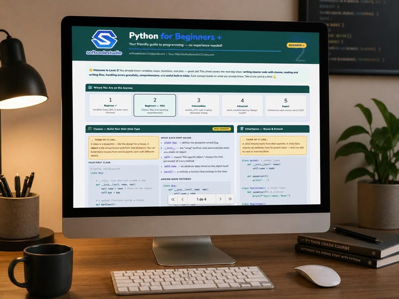 May include: A desktop computer displays a "Python for Beginners" guide. The screen shows a website with a teal and white header, and detailed information about programming concepts. A keyboard, mouse, and coffee mug are on the wooden desk.