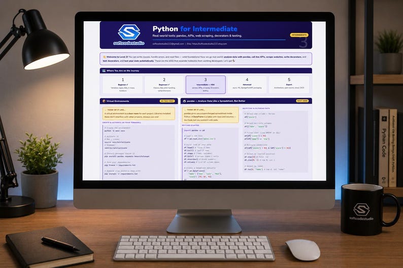 May include: A desktop computer displays a webpage titled "Python for Intermediate" with code examples. A black desk lamp, a small potted plant, a notebook, and a keyboard are in the foreground. A black mug with a logo and books are on a shelf in the background.