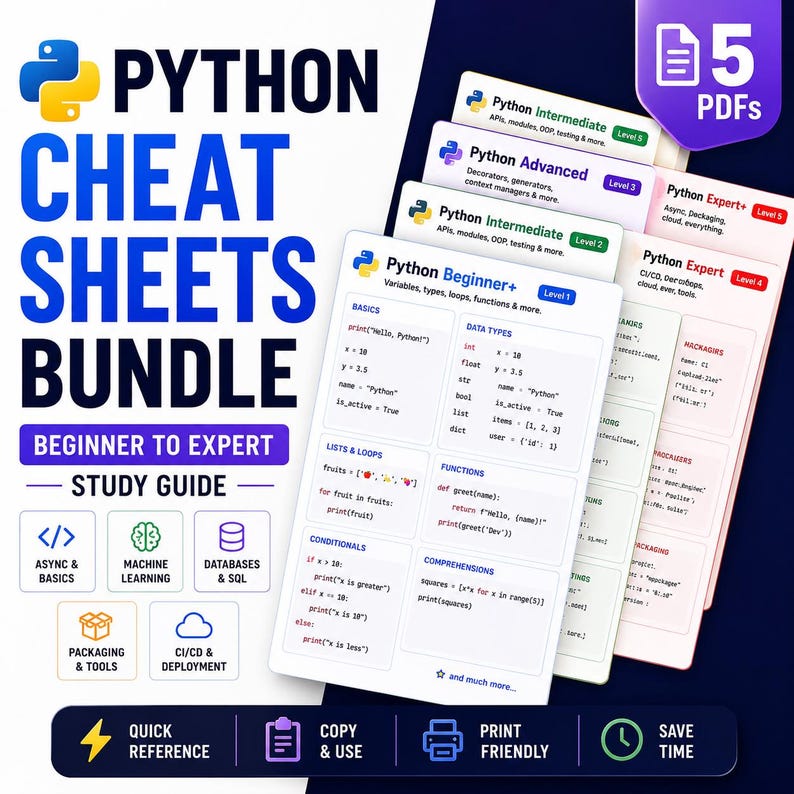 以下が含まれることがあります： 初心者からエキスパート向けのPythonチートシートバンドル。画像には、青と黄色のロゴ、学習ガイド、5つのPDFが含まれています。チートシートは、基本、データ型、リスト、ループ、関数などのトピックをカバーしています。