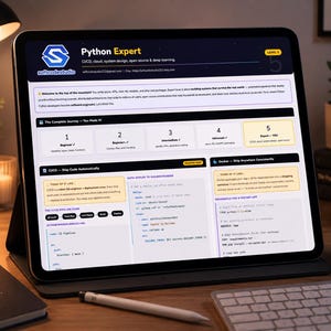 以下が含まれることがあります： 「Python Expert」と「softcodestudio」のテキストが表示されたウェブサイトを表示するデジタルタブレット。画面には、番号付きのステップで構成された構造化された学習パスが表示されています。「Code. Learn. Ship. Repeat.」というテキストのノートが机の上にあります。