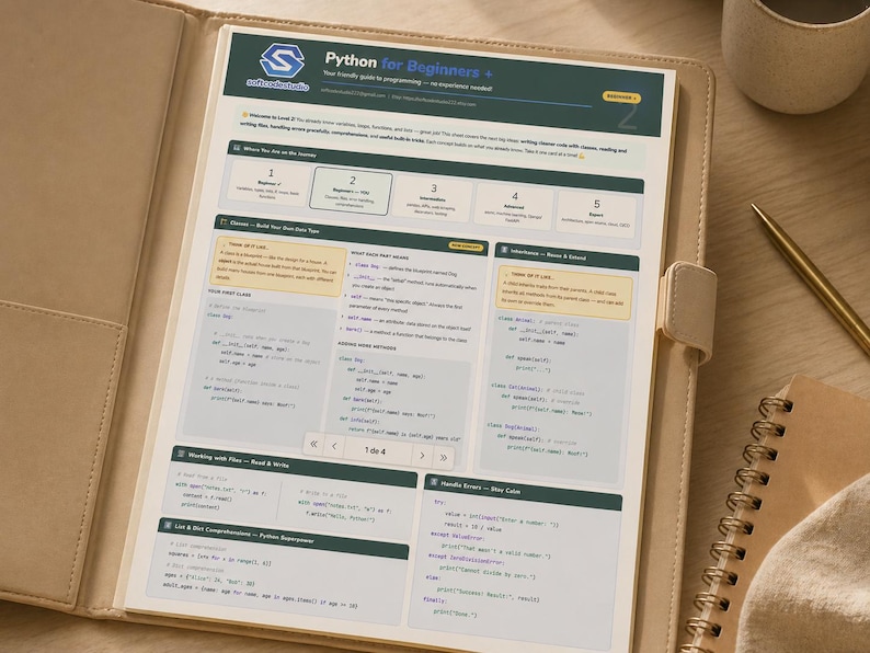May include: A beige leatherette binder open to a printed guide titled "Python for Beginners." The guide features sections on programming basics, with code examples and diagrams. A pen, notepad, and mug are visible on the wooden surface.