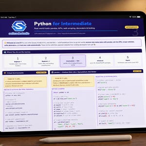 May include: A digital tablet displays a Python tutorial titled "Python for Intermediate." The screen shows code examples, diagrams, and text. The tablet is on a wooden surface with a stylus.