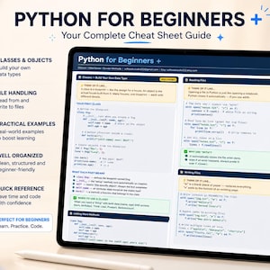 以下が含まれることがあります： デジタルタブレットには「Python for Beginners」のチートシートが表示されています。画面にはコード例と説明が表示され、クラス、ファイル処理、実践的な例に関するセクションがあります。スタイラスがタブレットの下にあります。