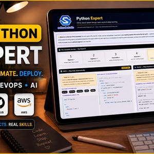 以下が含まれることがあります： タブレットには、「Python Expert」コースのインターフェースが表示され、構築、自動化、デプロイのセクションがあります。画像には、Docker、GitHub、AWSのロゴと、「Real Projects. Real Skills.」というテキストが含まれています。