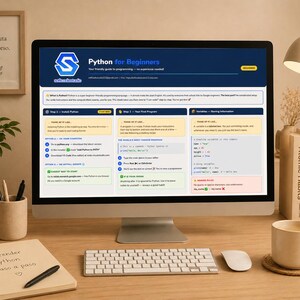 Peut inclure: Un &eacute;cran d'ordinateur affiche une page web "Python for Beginners". Un cahier avec "Aprender Python Paso a Paso" est sur le bureau, avec un clavier, une souris et une tasse &agrave; caf&eacute;. Des livres et une impression encadr&eacute;e sont &eacute;galement visibles.