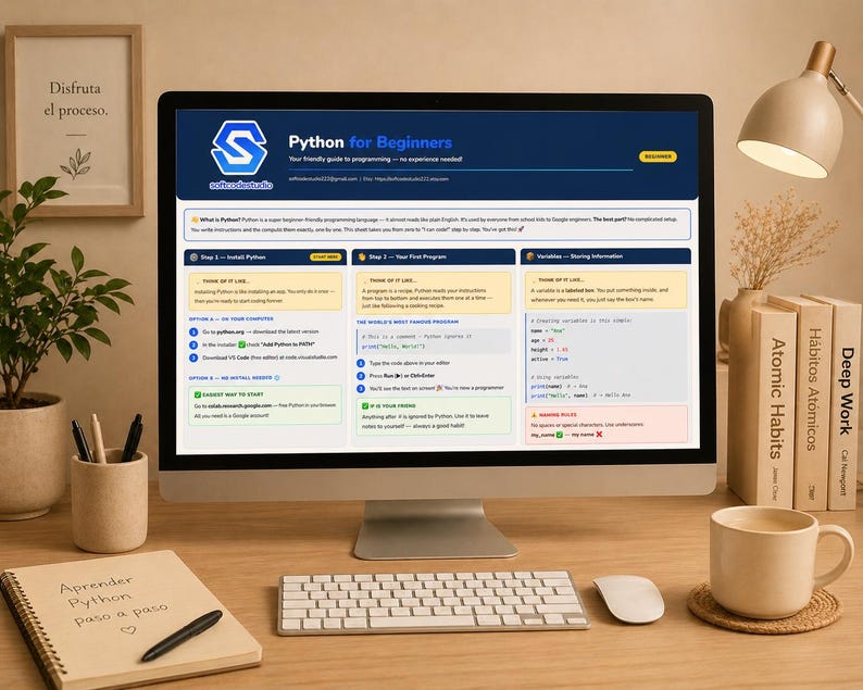Peut inclure: Un &eacute;cran d'ordinateur affiche une page web "Python for Beginners". Un cahier avec "Aprender Python Paso a Paso" est sur le bureau, avec un clavier, une souris et une tasse &agrave; caf&eacute;. Des livres et une impression encadr&eacute;e sont &eacute;galement visibles.