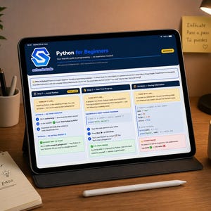 Peut inclure: Une tablette num&eacute;rique affichant un tutoriel "Python for Beginners". L'&eacute;cran montre un site web avec un design bleu et blanc. Le texte "Python for Beginners" est visible. Un stylet blanc et un bloc-notes sont sur le bureau en bois.