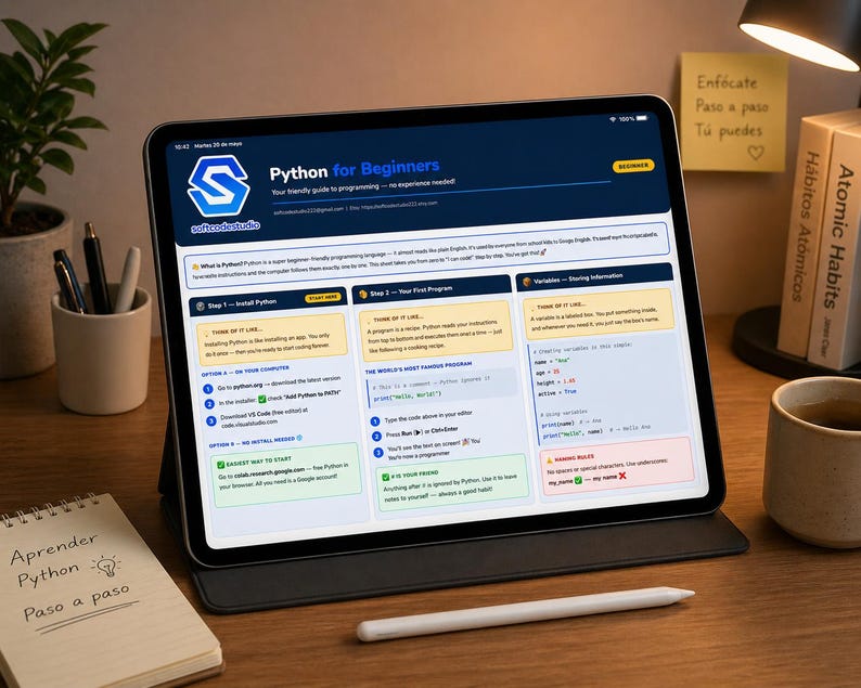 Peut inclure: Une tablette num&eacute;rique affichant un tutoriel "Python for Beginners". L'&eacute;cran montre un site web avec un design bleu et blanc. Le texte "Python for Beginners" est visible. Un stylet blanc et un bloc-notes sont sur le bureau en bois.
