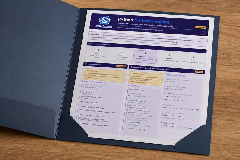 May include: Open navy blue folder with a white sheet featuring the text "Python for Intermediate". The sheet includes code snippets and a diagram with numbered steps. The folder is on a wooden surface.