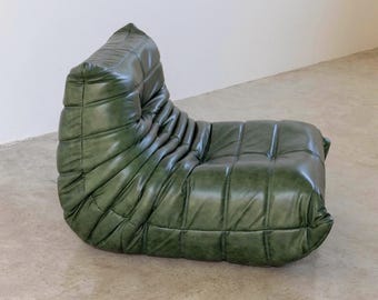 Green Oil Wax Leather Togo Style Chair – Vintage 70s Lounge Accent Furniture
