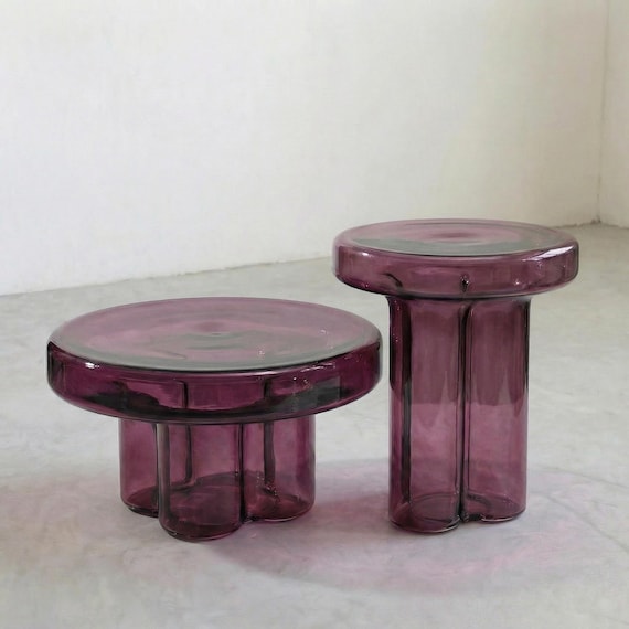 Handblown Purple Glass Side Table | Violet Modern Accent Table