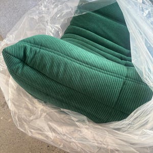 May include: A green corduroy chair cushion, partially encased in clear plastic. The cushion has a ribbed texture and a rounded shape. The color is a deep, forest green. The chair appears to be new and unused.