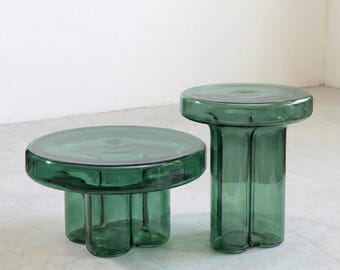 Handblown Emerald Green Glass Side Table | Modern Accent, Vintage Style Coffee Table