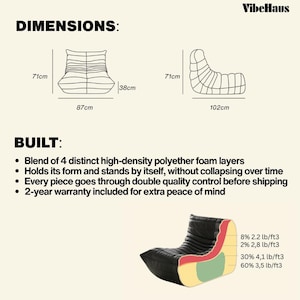 May include: A black lounge chair with a ribbed design, dimensions shown as 34 inches high, 40 inches wide, and 28 inches deep. The chair is made of high-density polyether foam layers and includes a 2-year warranty. The image also shows the brand name "VibeHaus".