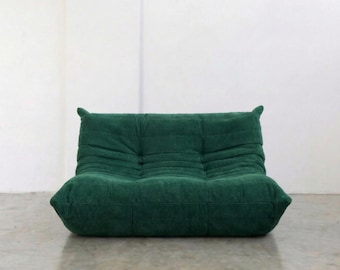 Green Corduroy Togo Style 2-Seater Sofa | Low Profile Accent Couch | Vintage Designer Loveseat