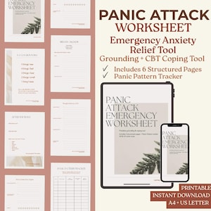 以下が含まれることがあります： ミニマリストデザインの、デジタル印刷可能なパニック発作ワークシート。ワークシートには、6つの構造化されたページとパニックパターン追跡ツールが含まれています。画像には「Panic Attack Emergency Worksheet」と書かれています。