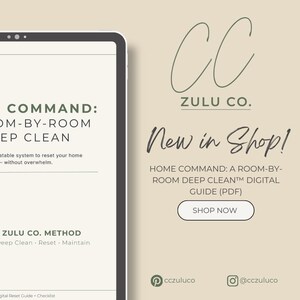 May include: A digital advertisement for Zulu Co. features a tablet displaying text about a room-by-room deep clean guide. The ad includes the text "New in Shop!" and "Shop Now" with the Zulu Co. logo and social media handles.