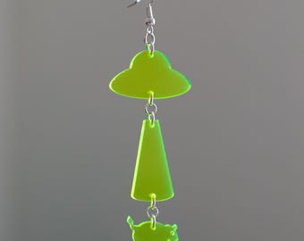 UFO Neon Green Acrylic Earrings, Laser Cut, Hypoallergenic Silver