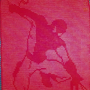 Könnte beinhalten: Eine rote Häkeldecke mit einem weißen Blumenmuster. Die Decke ist mit einem einfachen Stich gearbeitet und hat einen gewellten Rand.