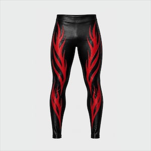 May include: Black leggings featuring a high-waisted design and a vibrant red flame pattern that extends vertically down the front of each leg. The material has a smooth, semi-glossy finish, and the flame graphics are symmetrical on both sides.