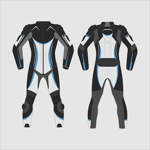Può includere: Tuta da corsa motociclistica nera, bianca e blu. La tuta presenta un design aerodinamico con spalle, gomiti e ginocchia imbottite. La tuta ha una cerniera frontale ed è progettata per la velocità e la protezione.