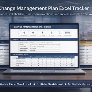May include: Three laptops displaying a change management plan dashboard, project overview, and stakeholder analysis. The text on the screen reads "Change Management Plan Excel Tracker." The laptops are on a wooden desk. The image also includes the text "Editable Excel Workbook, Built-In Dashboard, Multi-Tab Planning System."