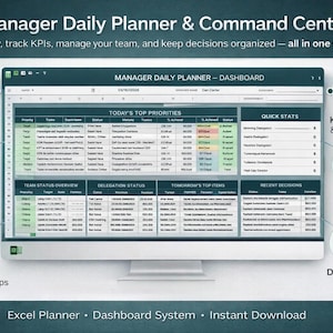 Puede incluir: Un monitor de computadora que muestra un panel de Manager Daily Planner. La pantalla muestra tablas de datos, gráficos e iconos para el seguimiento de KPI, la gestión de equipos y la toma de decisiones. El texto incluye "Panel de control de actualización automática".