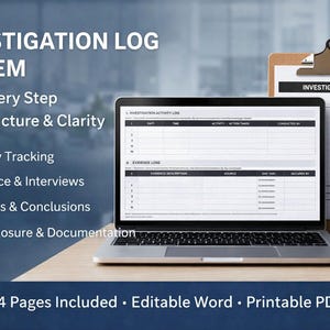 May include: A laptop and clipboard displaying an investigation log system. The laptop screen shows a detailed form with sections for activity tracking, evidence, and findings. The clipboard holds a printed version of the log. Text on the image reads: "INVESTIGATION LOG SYSTEM".