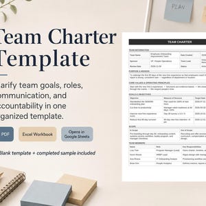 May include: A Team Charter Template document featuring sections for team information, purpose, mission, core values, goals, objectives, scope, and team members. The template includes a blank version and a completed sample for project management.