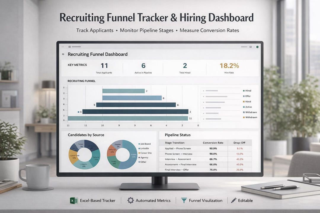 Recruiting Funnel Tracker Excel Template | Hiring Pipeline Dashboard ...