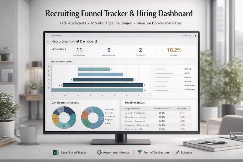 Recruiting Funnel Tracker Excel Template | Hiring Pipeline Dashboard ...