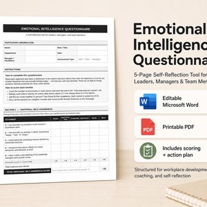 Puede incluir: Un cuestionario de inteligencia emocional blanco con instrucciones y una sección de puntuación. El documento es una herramienta de autorreflexión de 5 páginas para líderes, gerentes y miembros del equipo. Incluye formatos editables de Microsoft Word y PDF imprimibles.